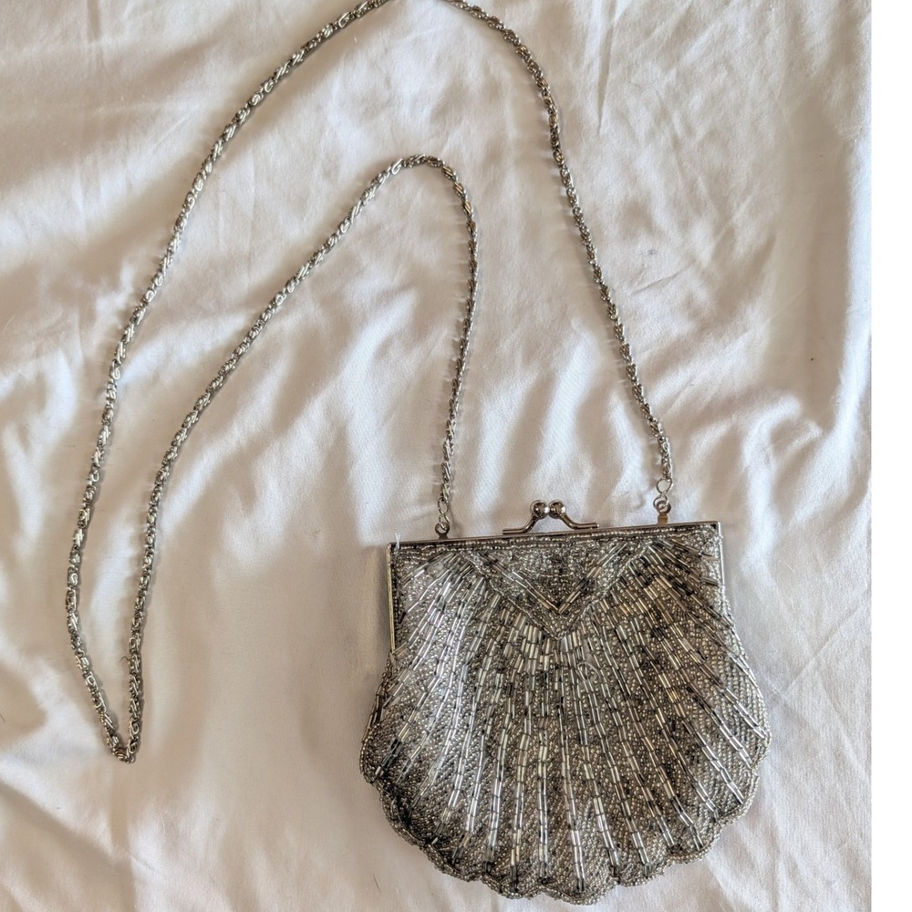 Apt. 9 Silver Beaded Shell Evening Bag Kiss Lock Crossbody Clutch with Mirror